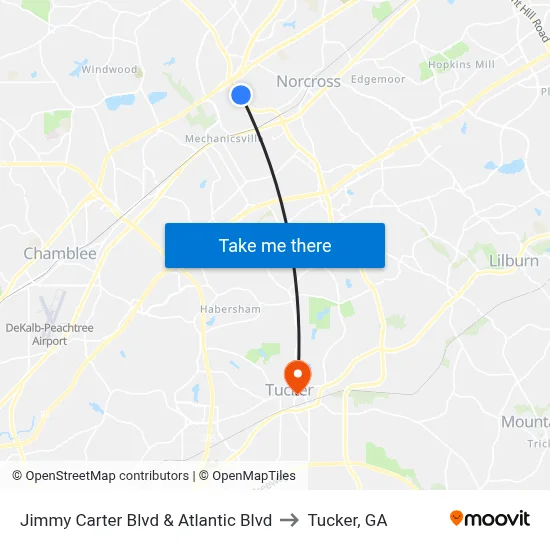 Jimmy Carter Blvd & Atlantic Blvd to Tucker, GA map