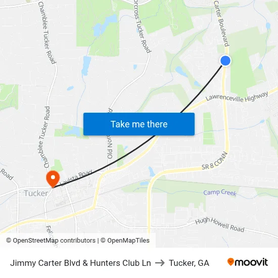 Jimmy Carter Blvd & Hunters Club Ln to Tucker, GA map