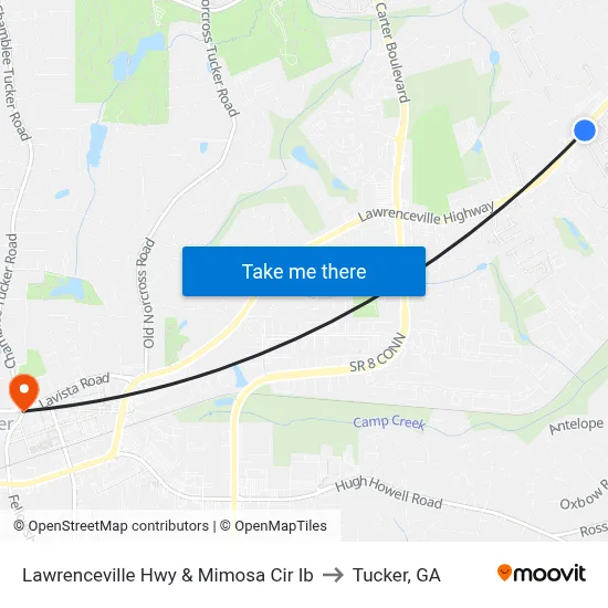 Lawrenceville Hwy & Mimosa Cir Ib to Tucker, GA map