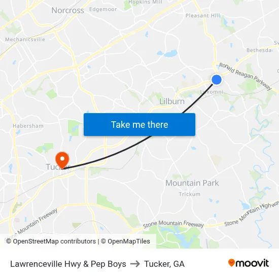 Lawrenceville Hwy & Pep Boys to Tucker, GA map