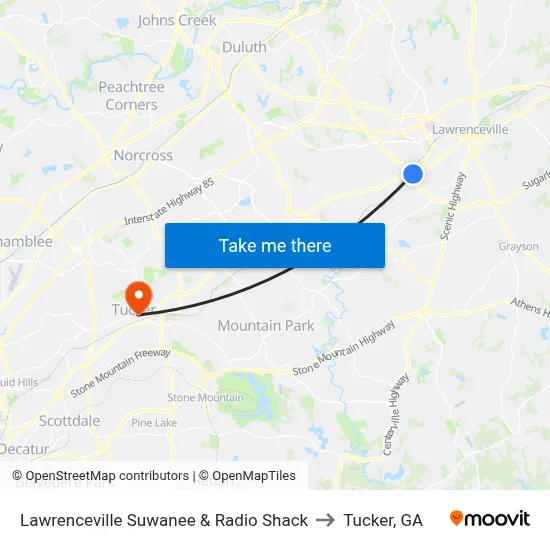 Lawrenceville Suwanee & Radio Shack to Tucker, GA map