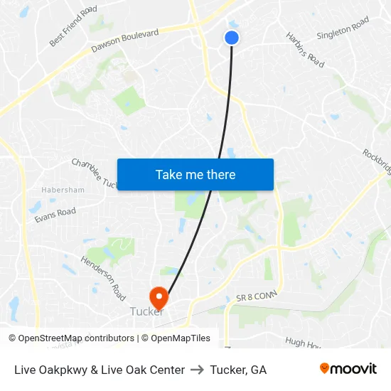Live Oakpkwy & Live Oak Center to Tucker, GA map