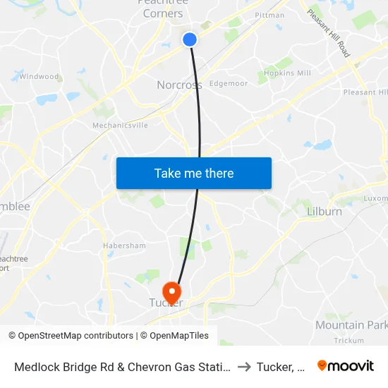 Medlock Bridge Rd & Chevron Gas Station to Tucker, GA map