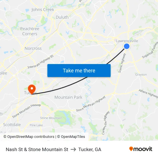 Nash St & Stone Mountain St to Tucker, GA map