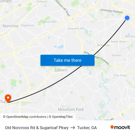 Old Norcross Rd & Sugarloaf Pkwy to Tucker, GA map