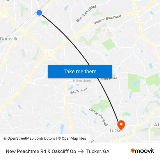 New Peachtree Rd & Oakcliff Ob to Tucker, GA map