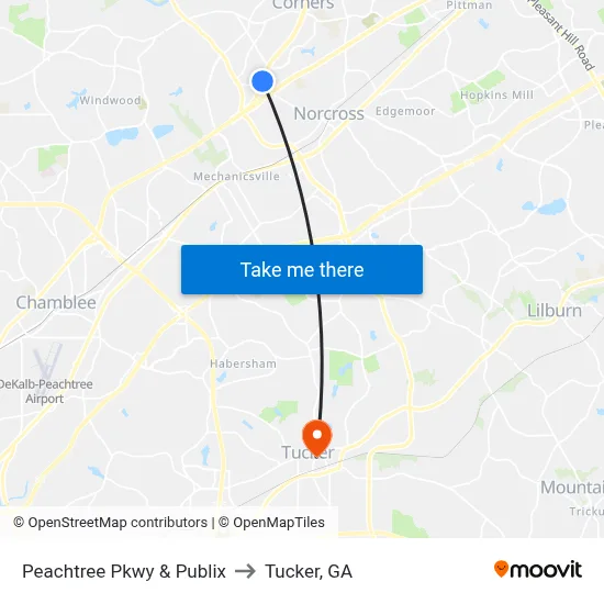 Peachtree Pkwy & Publix to Tucker, GA map