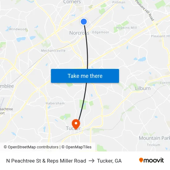 N Peachtree St & Reps Miller Road to Tucker, GA map