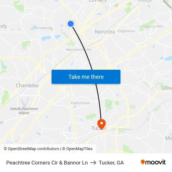 Peachtree Corners Cir & Bannor Ln to Tucker, GA map