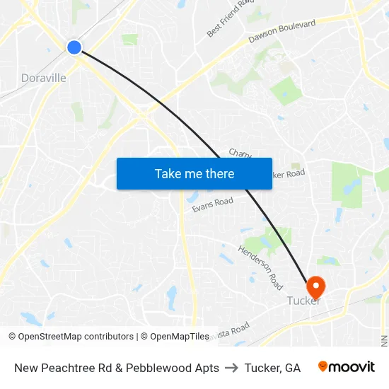 New Peachtree Rd & Pebblewood Apts to Tucker, GA map