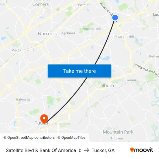 Satellite Blvd & Bank Of America Ib to Tucker, GA map