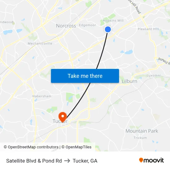 Satellite Blvd & Pond Rd to Tucker, GA map