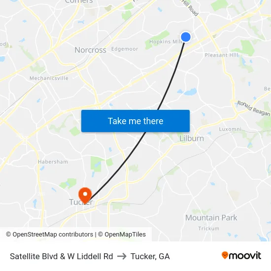 Satellite Blvd & W Liddell Rd to Tucker, GA map