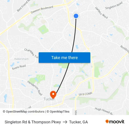 Singleton Rd & Thompson Pkwy to Tucker, GA map