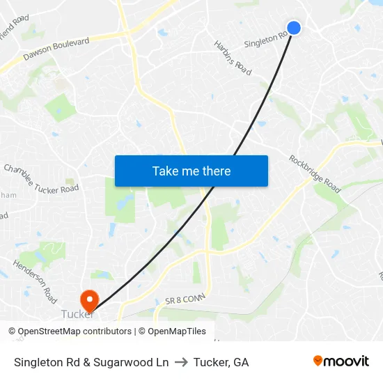 Singleton Rd & Sugarwood Ln to Tucker, GA map