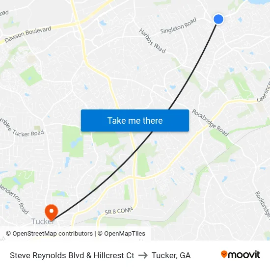 Steve Reynolds Blvd & Hillcrest Ct to Tucker, GA map