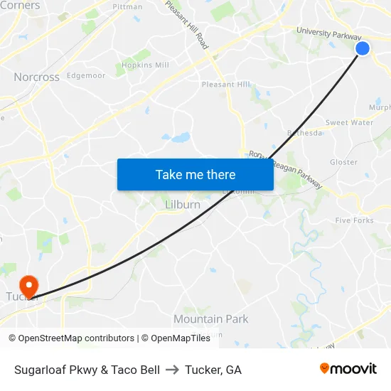 Sugarloaf Pkwy & Taco Bell to Tucker, GA map