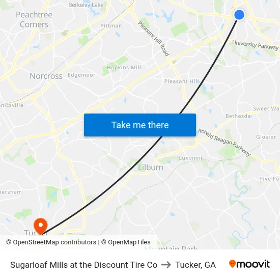 Sugarloaf Mills at the Discount Tire Co to Tucker, GA map
