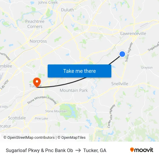 Sugarloaf Pkwy & Pnc Bank Ob to Tucker, GA map