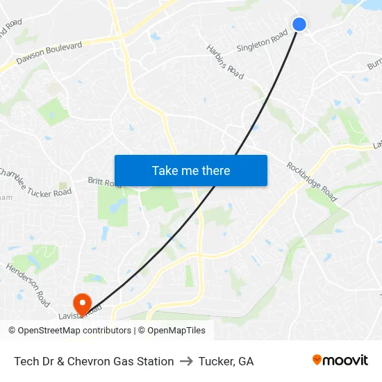 Tech Dr & Chevron Gas Station to Tucker, GA map