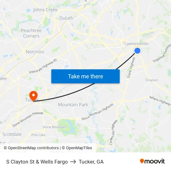 S Clayton St & Wells Fargo to Tucker, GA map