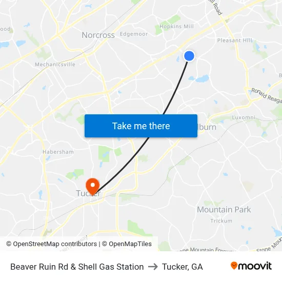 Beaver Ruin Rd & Shell Gas Station to Tucker, GA map