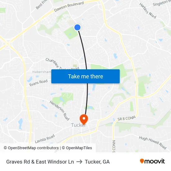 Graves Rd & East Windsor Ln to Tucker, GA map