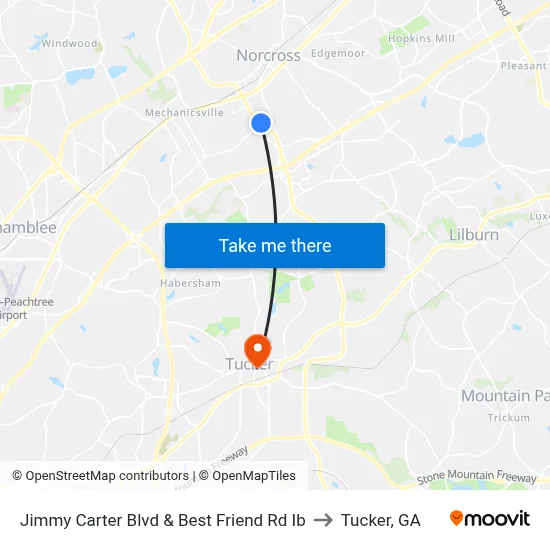 Jimmy Carter Blvd & Best Friend Rd Ib to Tucker, GA map