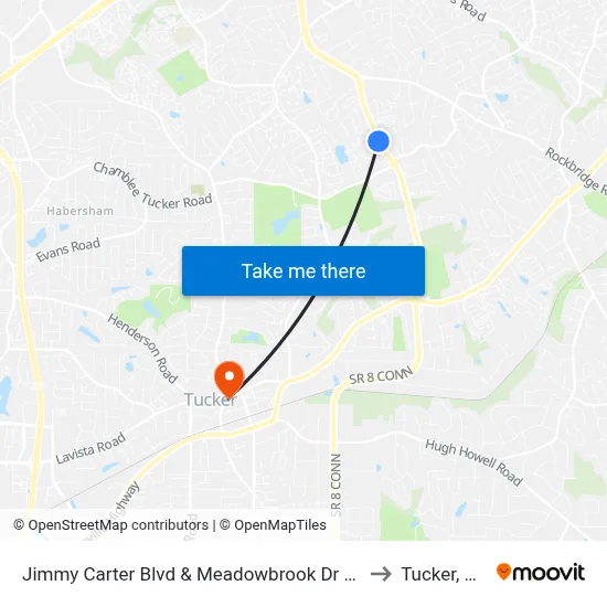 Jimmy Carter Blvd & Meadowbrook Dr Ob to Tucker, GA map
