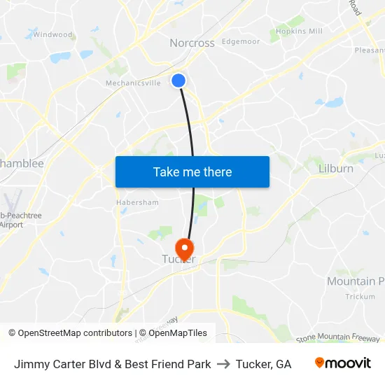 Jimmy Carter Blvd & Best Friend Park to Tucker, GA map