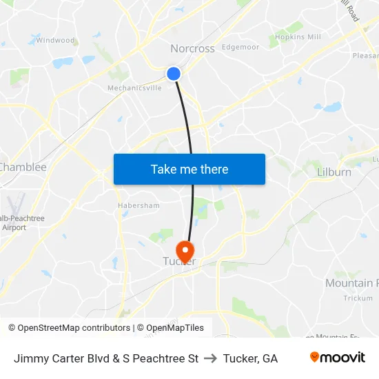 Jimmy Carter Blvd & S Peachtree St to Tucker, GA map