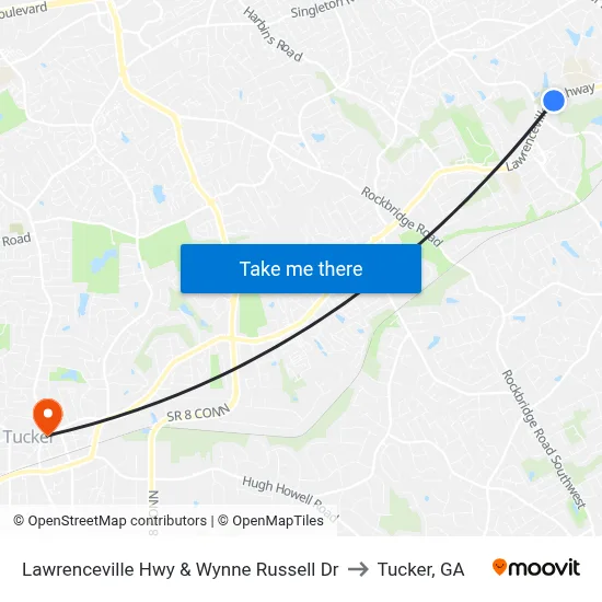 Lawrenceville Hwy & Wynne Russell Dr to Tucker, GA map