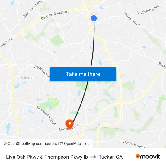 Live Oak Pkwy & Thompson Pkwy Ib to Tucker, GA map