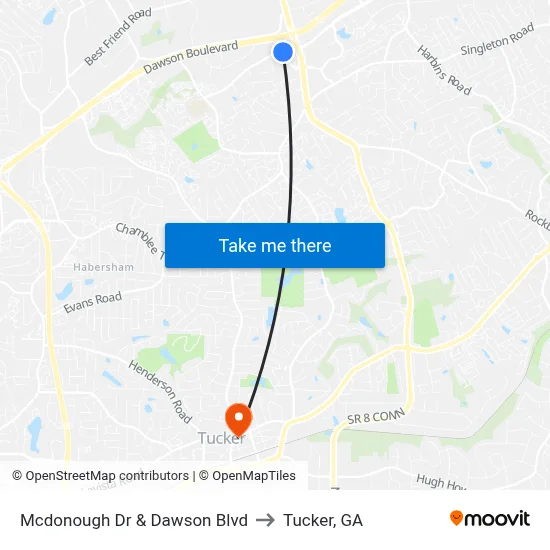 Mcdonough Dr & Dawson Blvd to Tucker, GA map