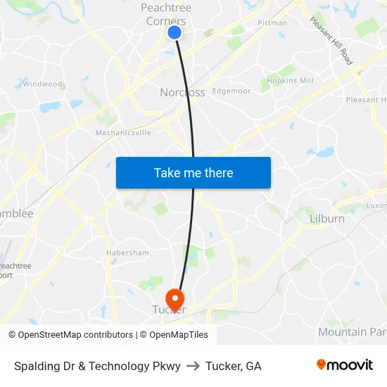 Spalding Dr & Technology Pkwy to Tucker, GA map
