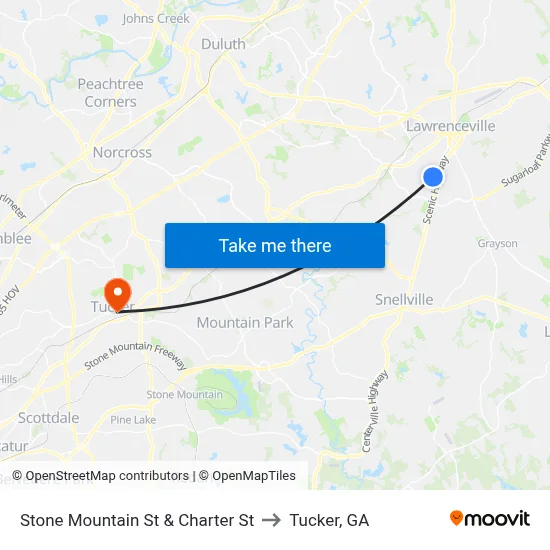 Stone Mountain St & Charter St to Tucker, GA map