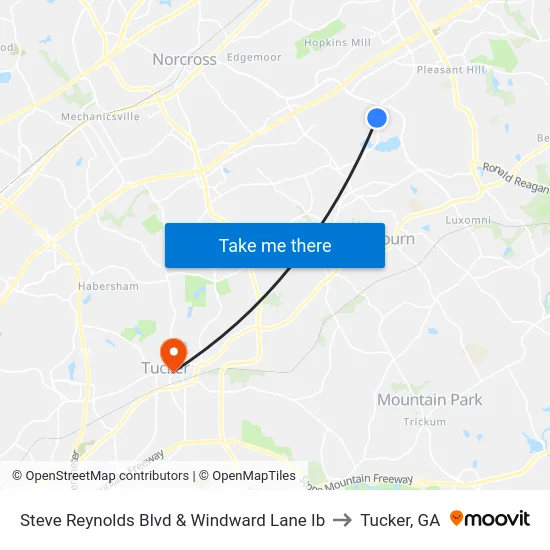 Steve Reynolds Blvd & Windward Lane Ib to Tucker, GA map
