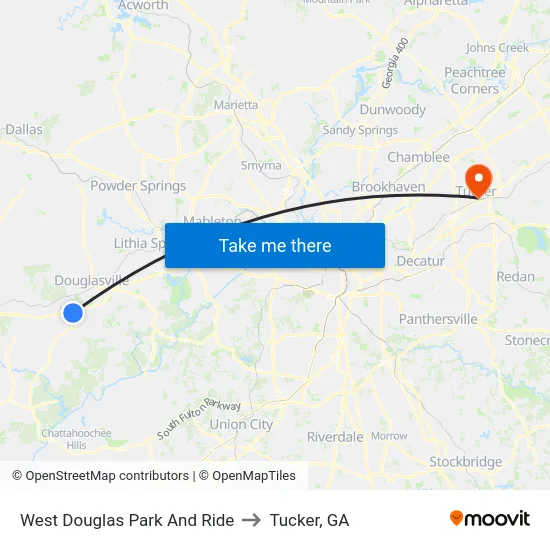 West Douglas Park And Ride to Tucker, GA map
