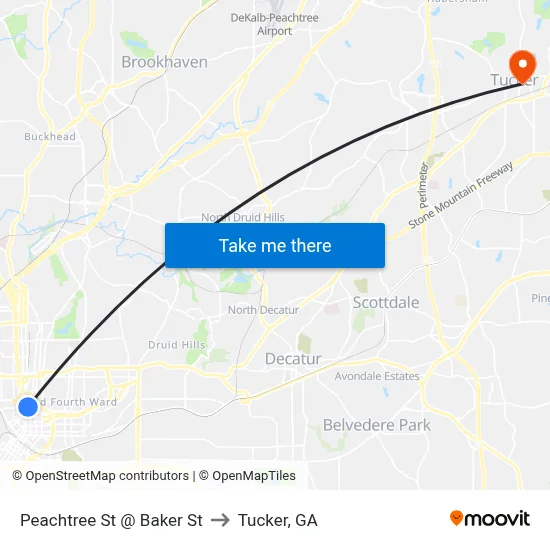 Peachtree St @ Baker St to Tucker, GA map