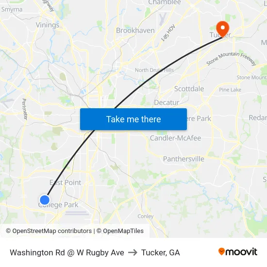 Washington Rd @ W Rugby Ave to Tucker, GA map