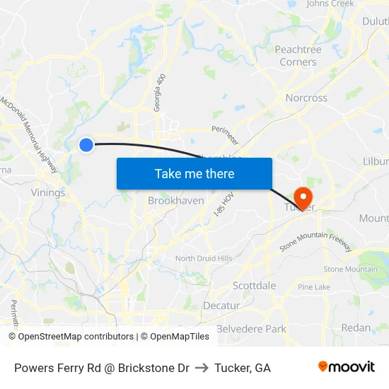 Powers Ferry Rd @ Brickstone Dr to Tucker, GA map