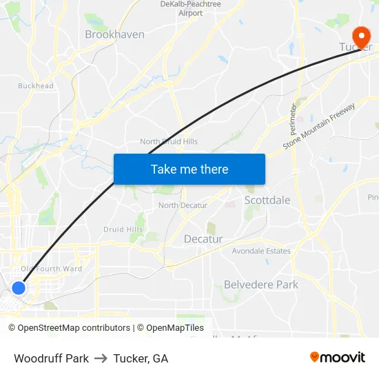 Woodruff Park to Tucker, GA map