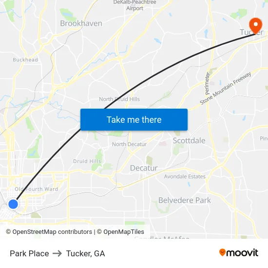 Park Place to Tucker, GA map
