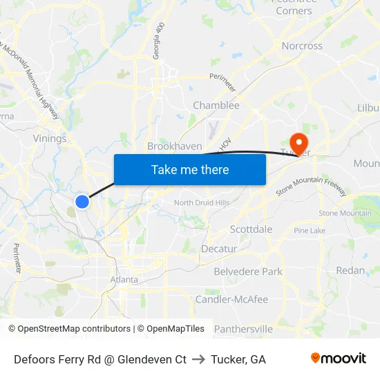 Defoors Ferry Rd @ Glendeven Ct to Tucker, GA map