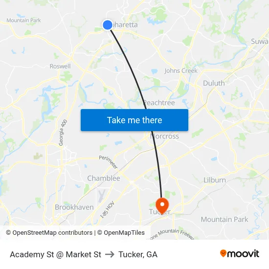 Academy St @ Market St to Tucker, GA map