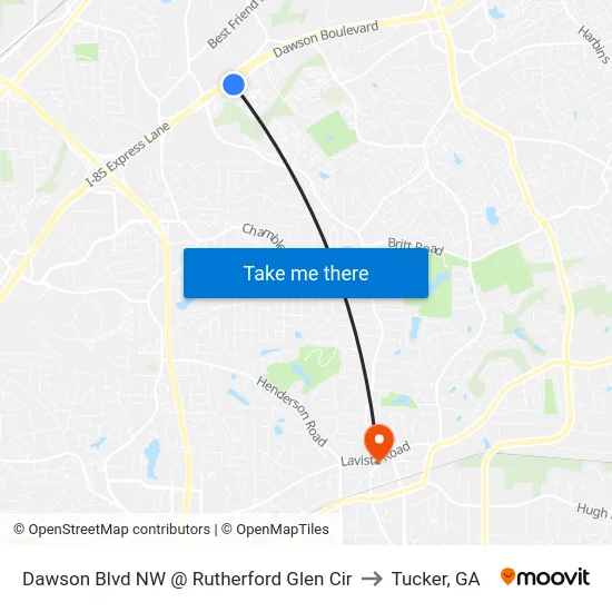 Dawson Blvd NW @ Rutherford Glen Cir to Tucker, GA map