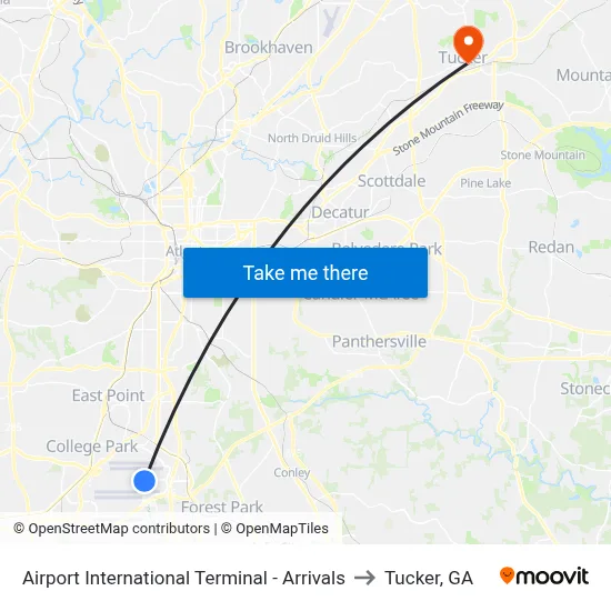 Airport International Terminal - Arrivals to Tucker, GA map