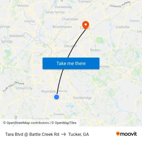 Tara Blvd @ Battle Creek Rd to Tucker, GA map