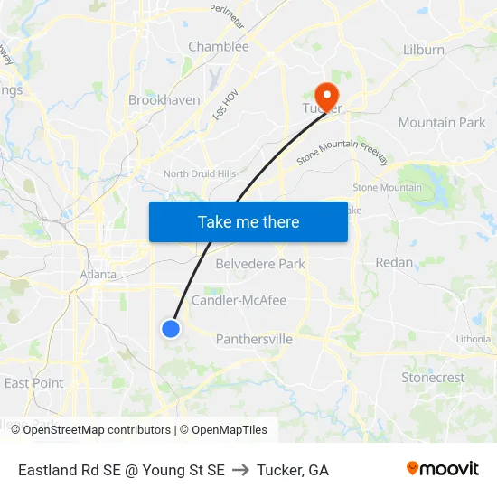 Eastland Rd SE @ Young St SE to Tucker, GA map