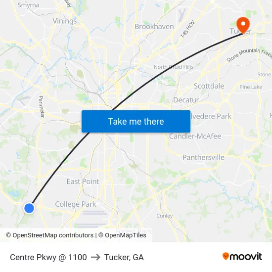 Centre Pkwy @ 1100 to Tucker, GA map